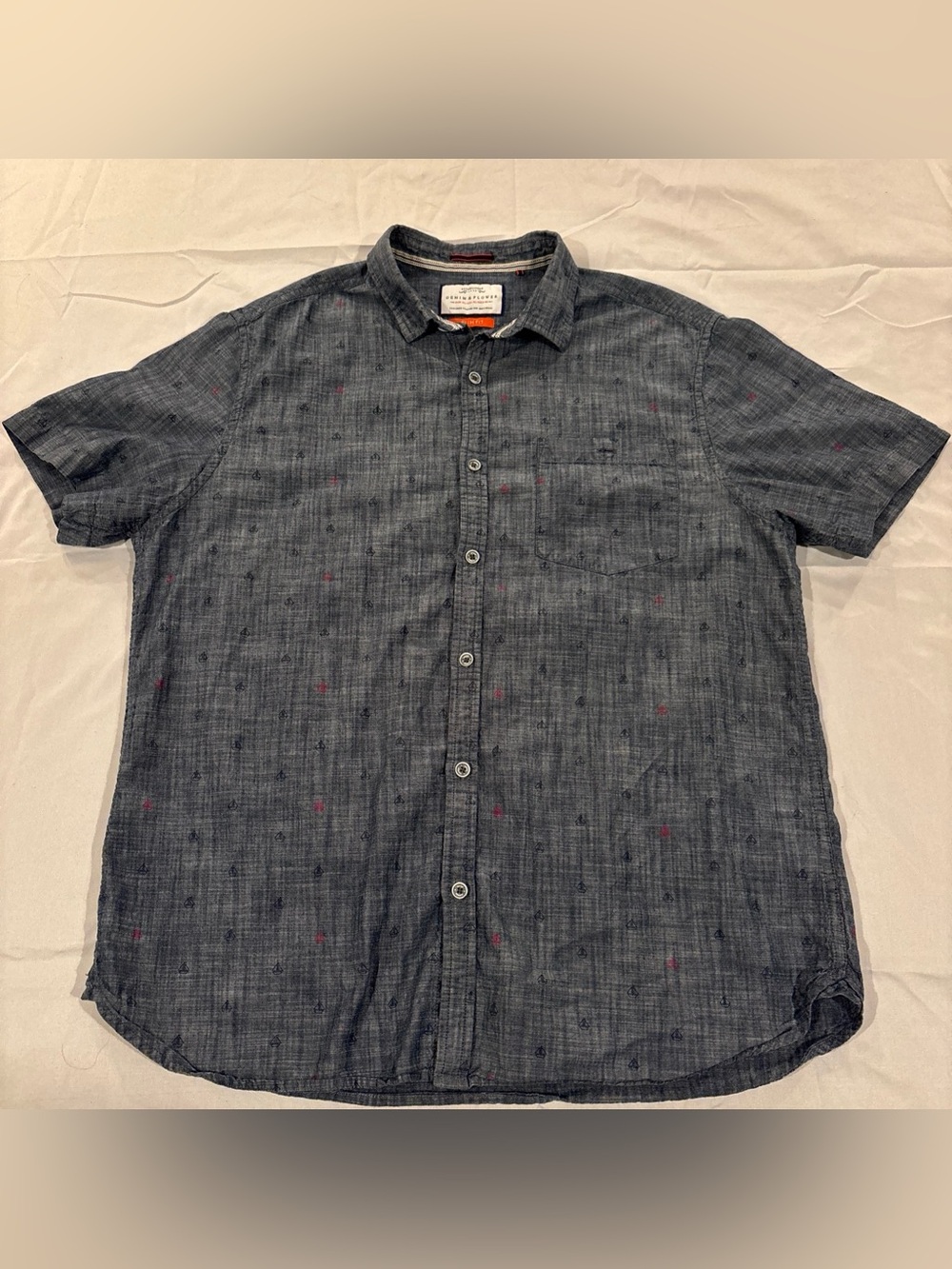 Denim & Flower Slim Fit Anchor Print Short Sleeve Button Down Shirt Blue XL